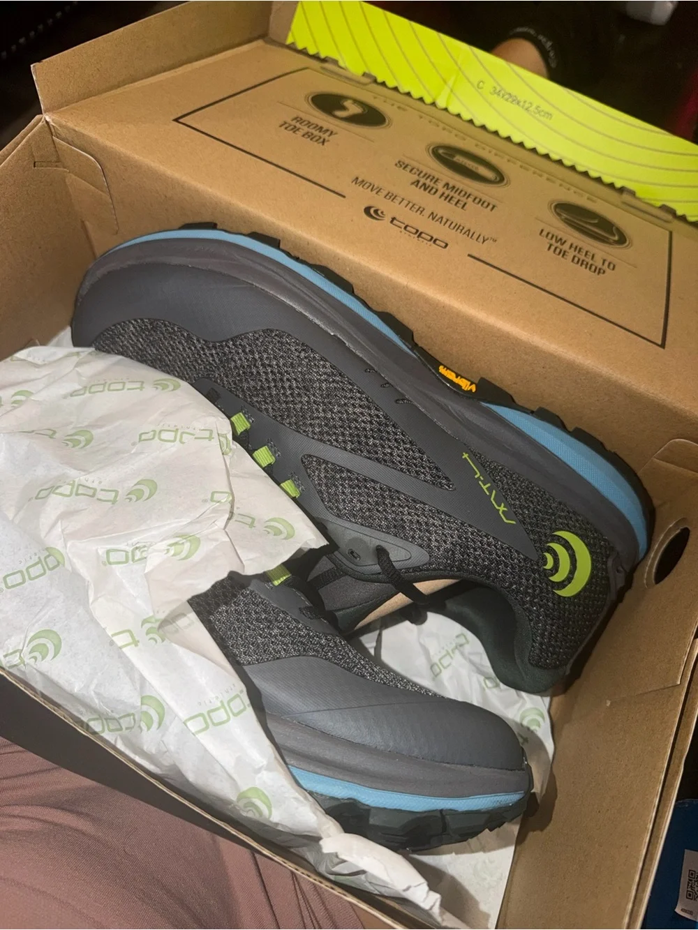 Men's Grey Athletic Trail Shoe with Lime Accents Topo athletic